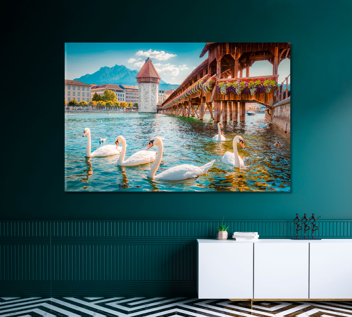 White Swans in River Royce Lucerne Switzerland Canvas Print-Canvas Print-CetArt-1 Panel-24x16 inches-CetArt