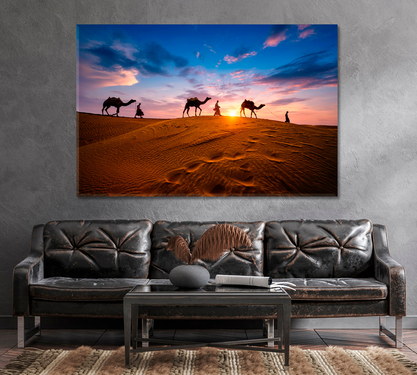 Camel Caravan Silhouette in Desert at Sunset Canvas Print-Canvas Print-CetArt-1 Panel-24x16 inches-CetArt