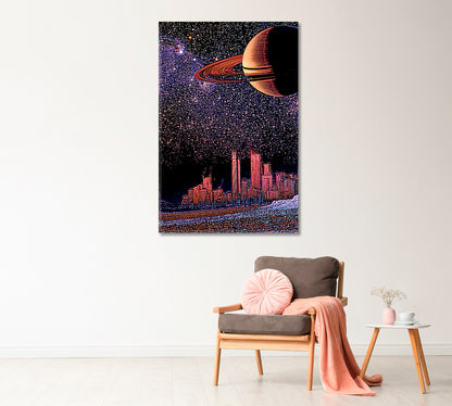 Fantastic Landscape with City Skyline and Planet Saturn Canvas Print-Canvas Print-CetArt-1 panel-16x24 inches-CetArt