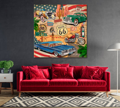 Vintage Route 66 with Retro Cars Canvas Print-Canvas Print-CetArt-1 panel-12x12 inches-CetArt