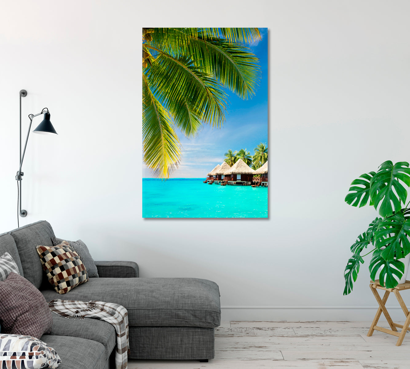 Coconut Tree over Ocean with Bungalows Canvas Print-Canvas Print-CetArt-1 panel-16x24 inches-CetArt