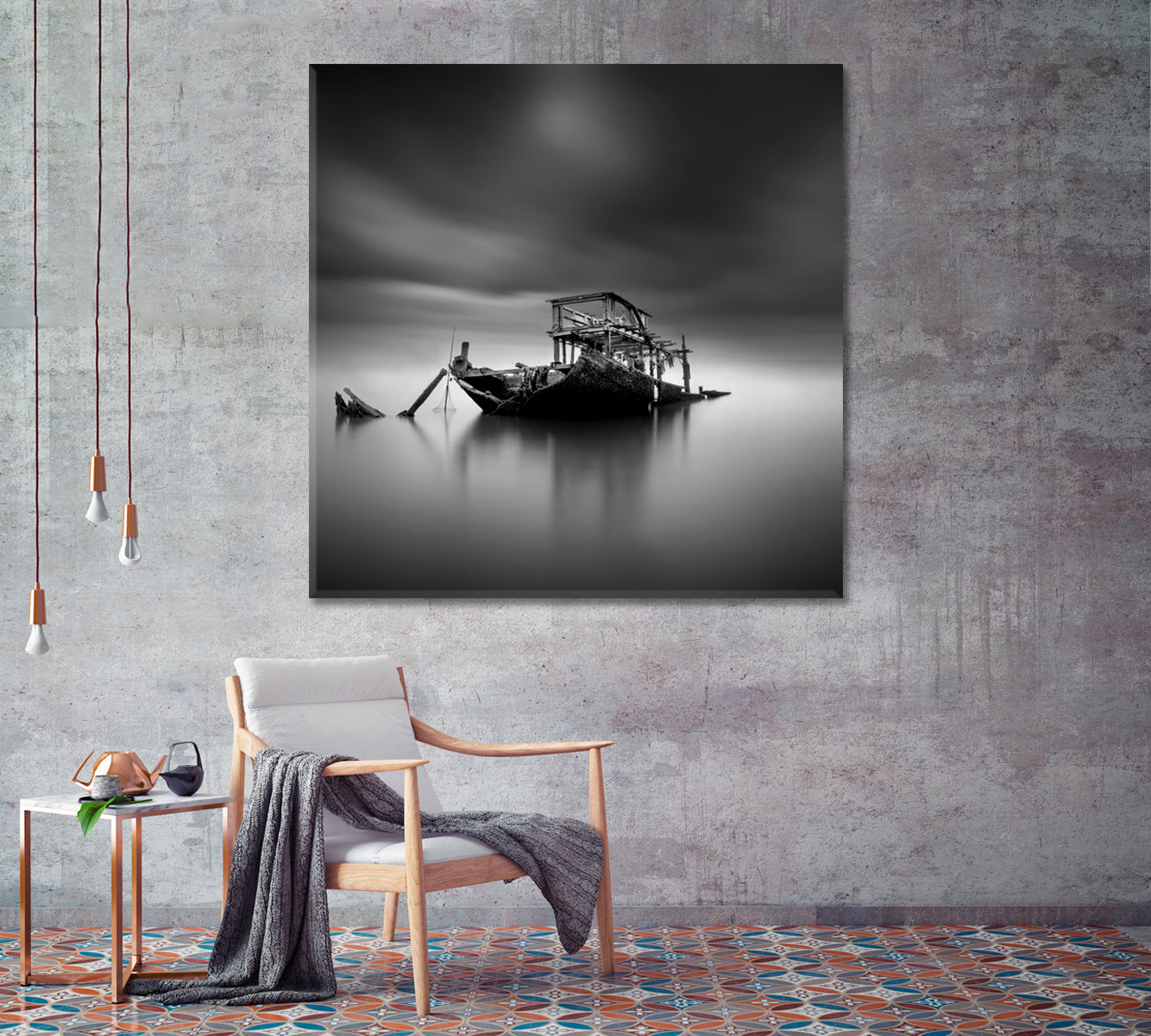 Sunken Boat at Sea in Black and White Canvas Print-Canvas Print-CetArt-1 panel-12x12 inches-CetArt