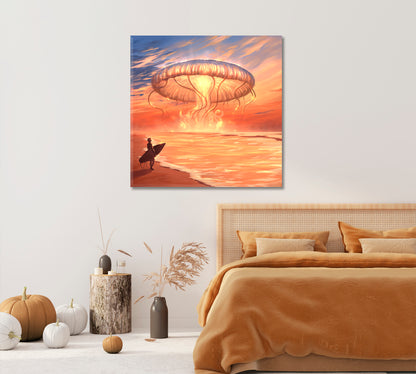 Fantastic Jellyfish over Surfer Canvas Print-Canvas Print-CetArt-1 panel-12x12 inches-CetArt