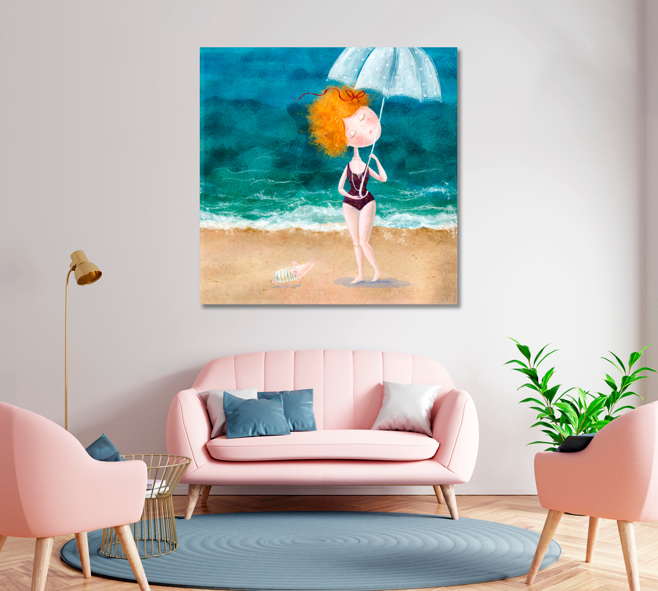 Abstract Redhead Girl with Umbrella on Beach Canvas Print-Canvas Print-CetArt-1 panel-12x12 inches-CetArt