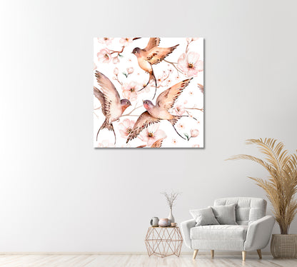 Watercolor Spring Flying Swallows Canvas Print-Canvas Print-CetArt-1 panel-12x12 inches-CetArt