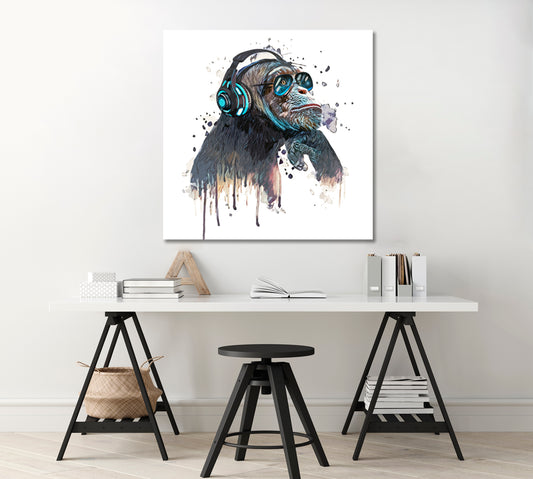 Hipster Monkey in Headphones Canvas Print-Canvas Print-CetArt-1 panel-12x12 inches-CetArt