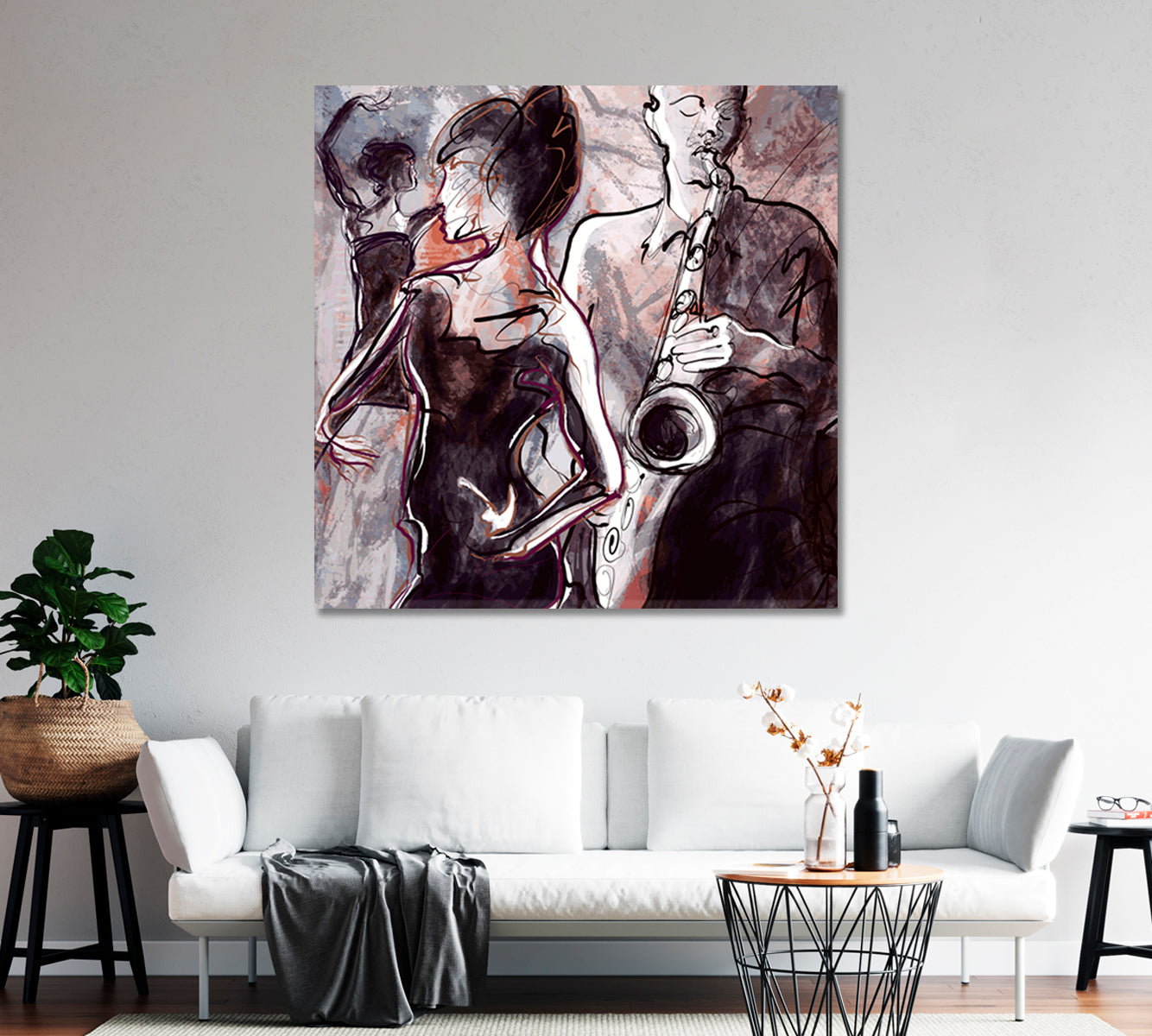 Jazz Saxophonist and Two Dancing Women Canvas Print-Canvas Print-CetArt-1 panel-12x12 inches-CetArt