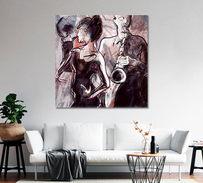 Jazz Saxophonist and Two Dancing Women Canvas Print-Canvas Print-CetArt-1 panel-12x12 inches-CetArt