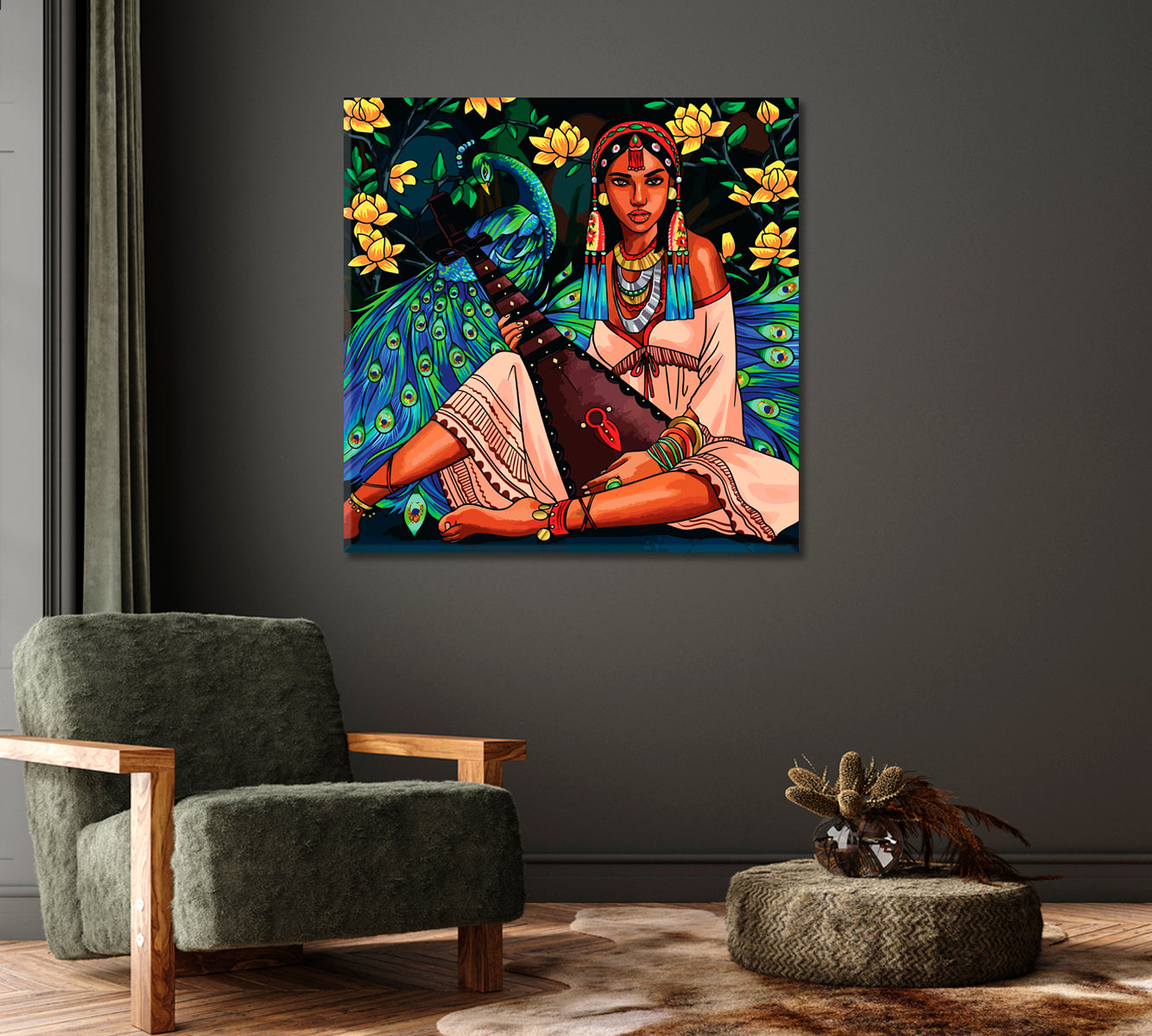 Beautiful Oriental Girl with a Musical Instrument Canvas Print-Canvas Print-CetArt-1 panel-12x12 inches-CetArt