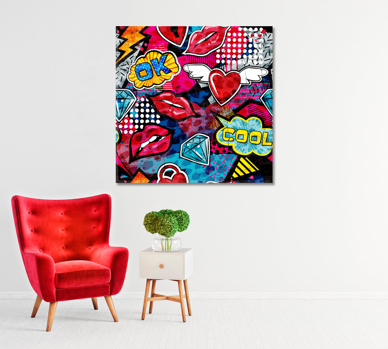 Bright Graffiti with Lips Canvas Print-Canvas Print-CetArt-1 panel-12x12 inches-CetArt