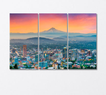 Portland Skyscrapers and Mount Hood Volcano Canvas Print-Canvas Print-CetArt-3 Panels-36x24 inches-CetArt