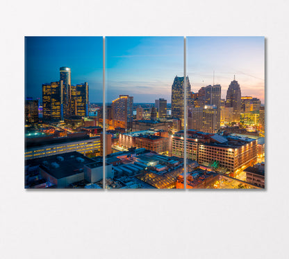 Downtown Detroit at Night USA Canvas Print-Canvas Print-CetArt-3 Panels-36x24 inches-CetArt