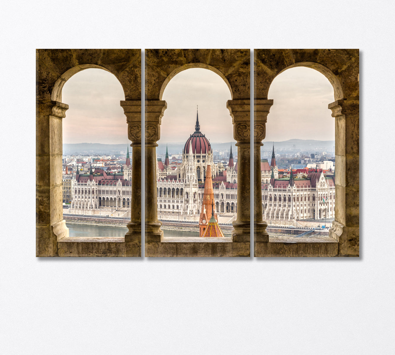 Budapest Parliament View Through Fisherman's Bastion Hungary Canvas Print-Canvas Print-CetArt-3 Panels-36x24 inches-CetArt