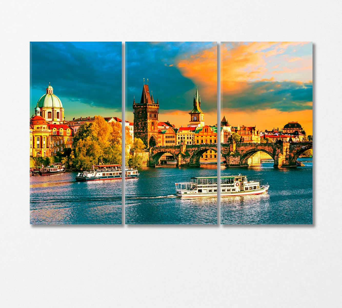 Scenic view on Vltava River and Historical Center Prague Canvas Print-Canvas Print-CetArt-3 Panels-36x24 inches-CetArt