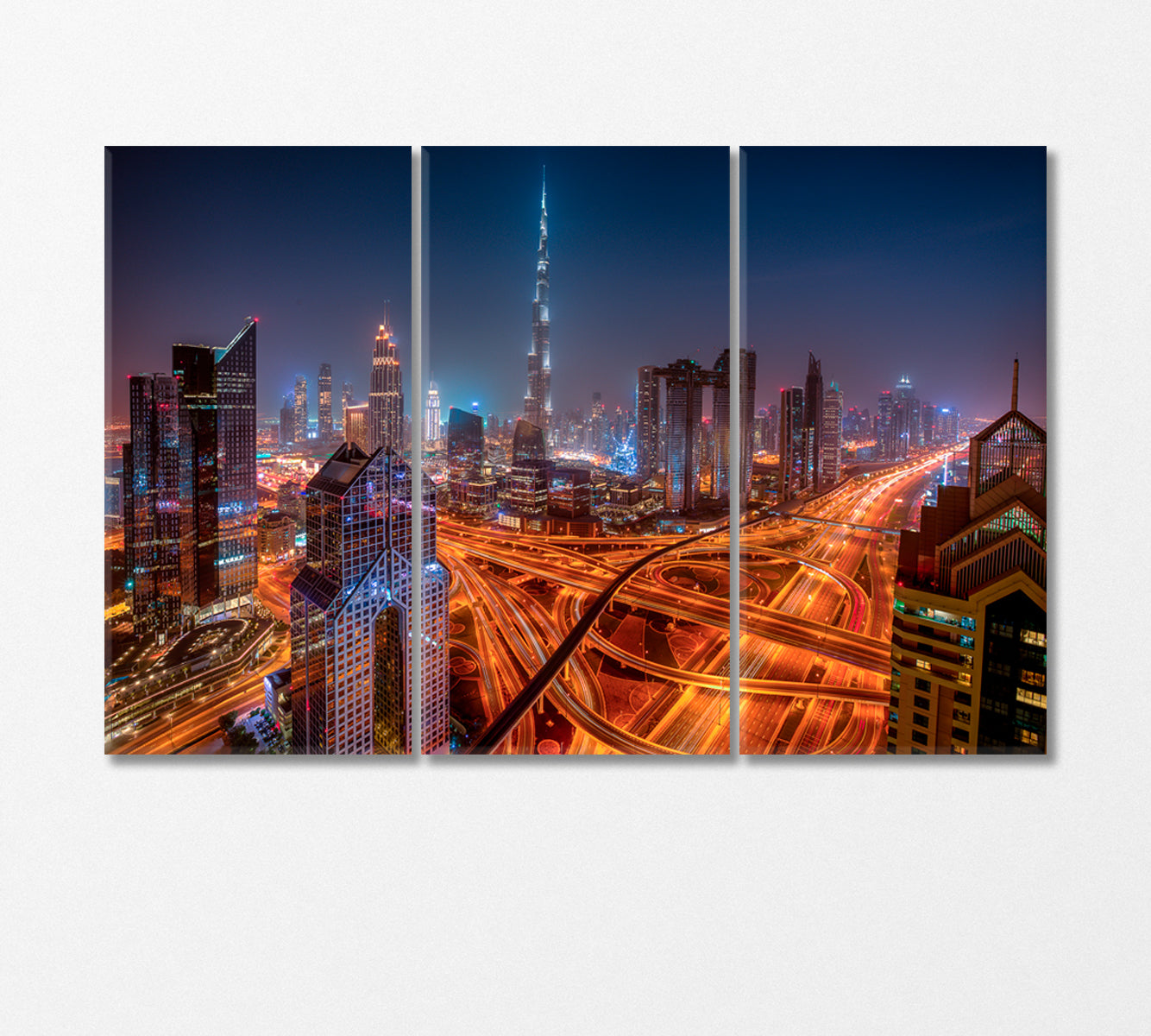 Dubai Illuminated Highway at Night Canvas Print-Canvas Print-CetArt-3 Panels-36x24 inches-CetArt