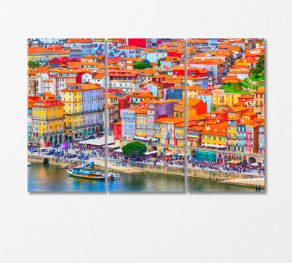 Colorful Houses at Ribeira District Porto Town Portugal Canvas Print-Canvas Print-CetArt-3 Panels-36x24 inches-CetArt