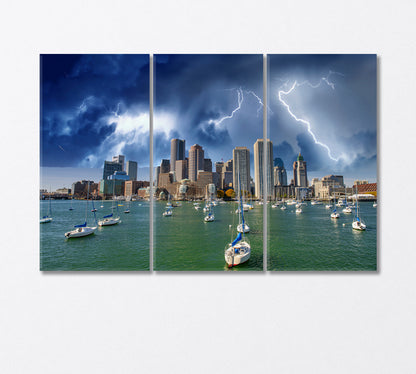 Boston Skyline and Boats Under an Impending Storm Canvas Print-Canvas Print-CetArt-3 Panels-36x24 inches-CetArt