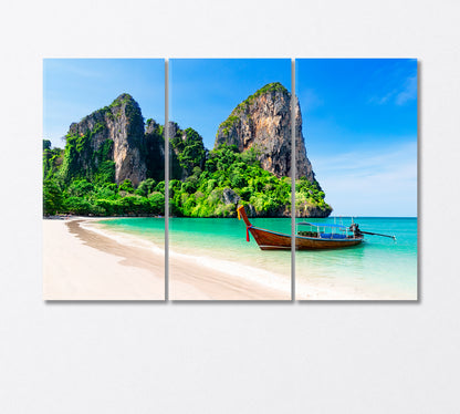 Thai Traditional Wooden Boat at Railay Beach in Thailand Canvas Print-Canvas Print-CetArt-3 Panels-36x24 inches-CetArt