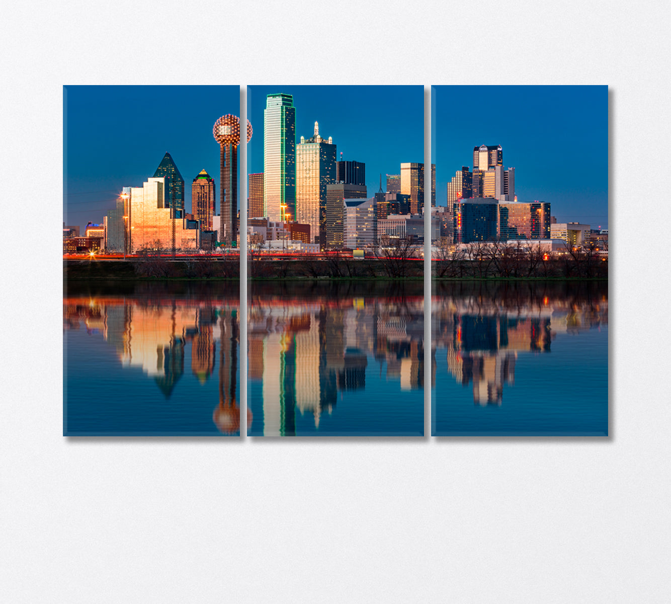 Dallas Skyline Reflected in Trinity River at Sunset Canvas Print-Canvas Print-CetArt-3 Panels-36x24 inches-CetArt