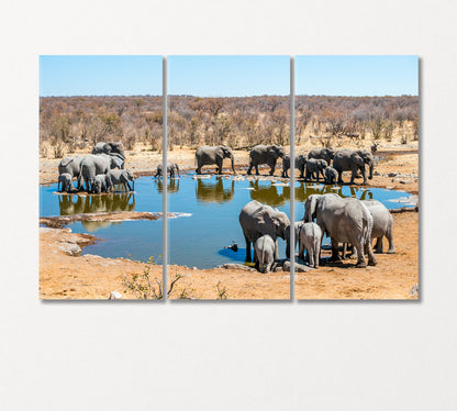 Large Family of African Elephants Drinking at a Waterhole Canvas Print-Canvas Print-CetArt-3 Panels-36x24 inches-CetArt