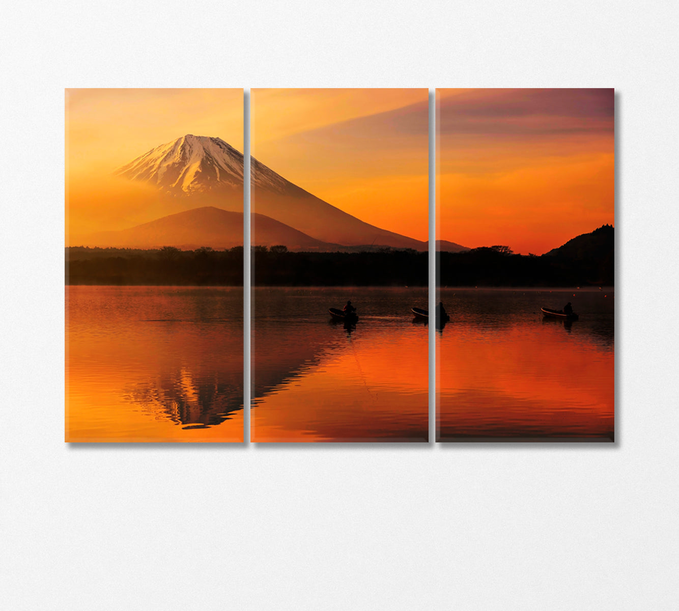 Silhouette of Three Fishermen on Boats on Shoji lake Japan Canvas Print-Canvas Print-CetArt-3 Panels-36x24 inches-CetArt