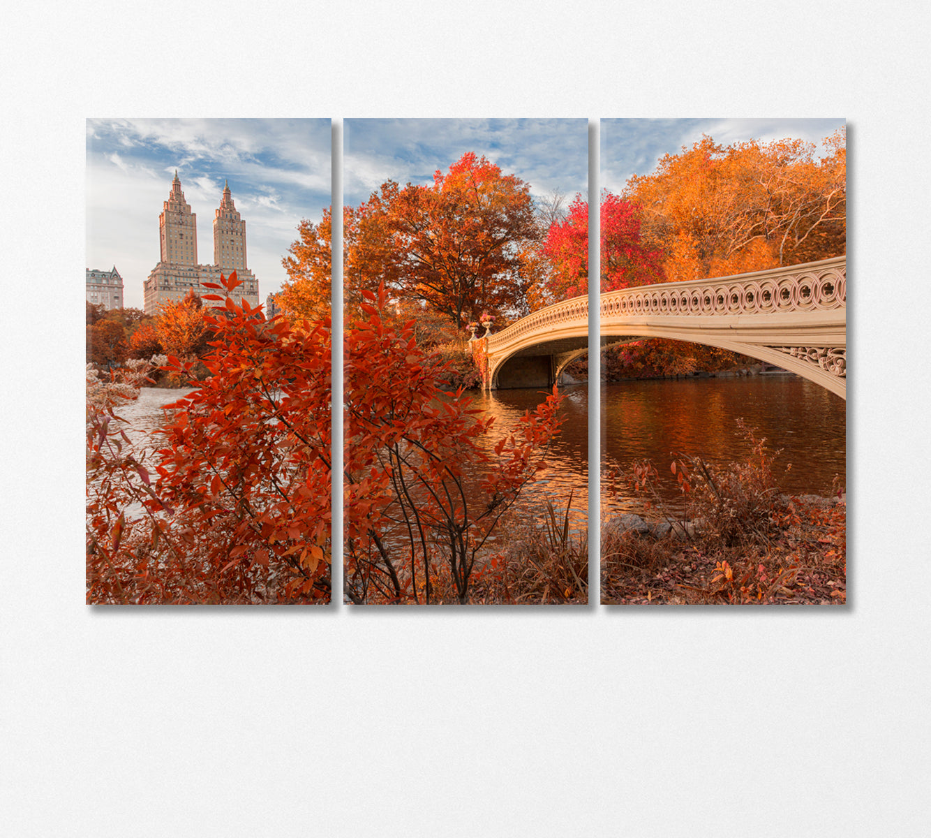 Bow Bridge in Central Park in Autumn NY Canvas Print-Canvas Print-CetArt-3 Panels-36x24 inches-CetArt