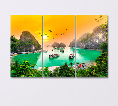 Very Beautiful Sunset over Halong Bay Vietnam Canvas Print-Canvas Print-CetArt-3 Panels-36x24 inches-CetArt