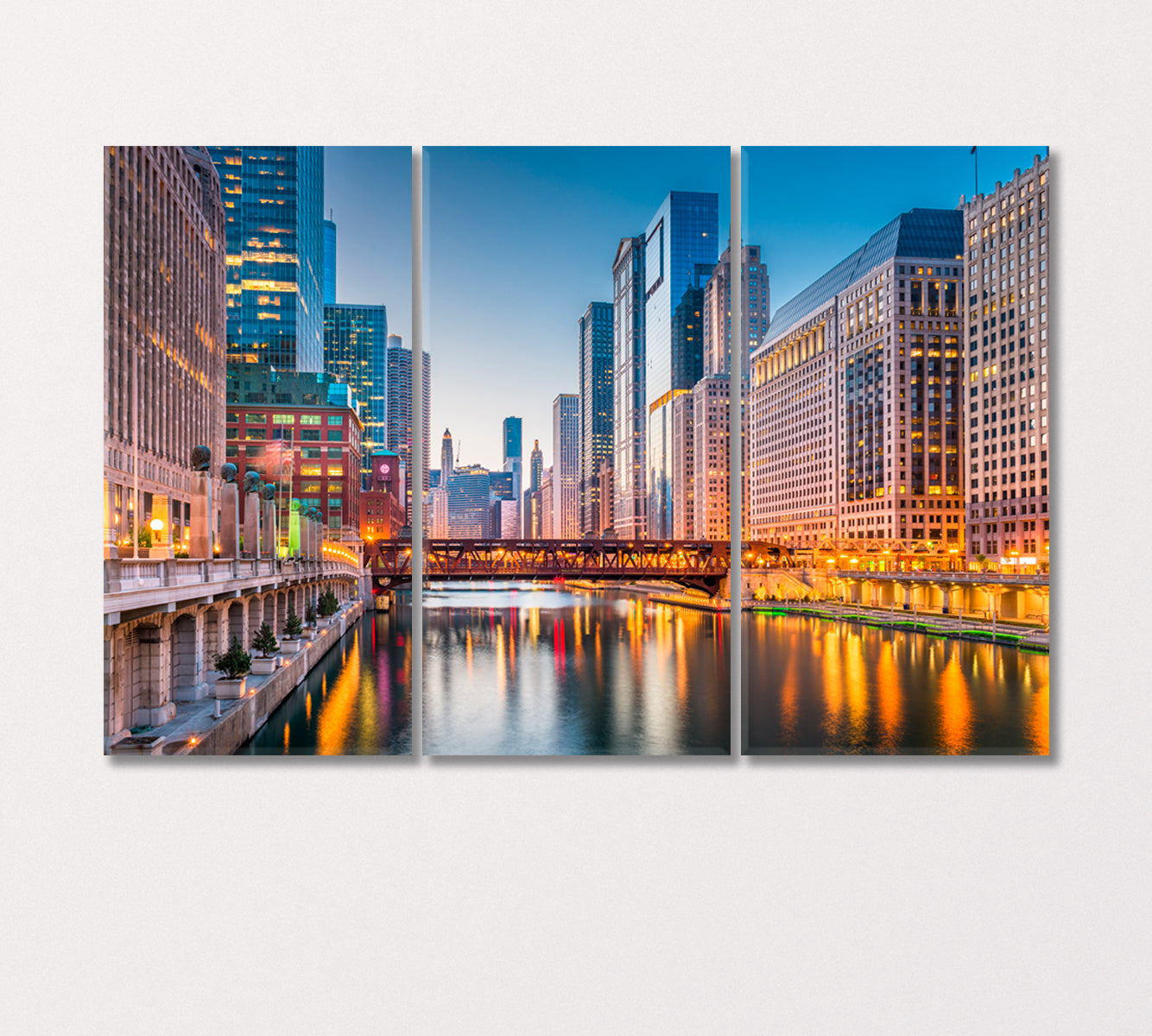 Chicago Cityscape on River at Twilight USA Canvas Print-Canvas Print-CetArt-3 Panels-36x24 inches-CetArt