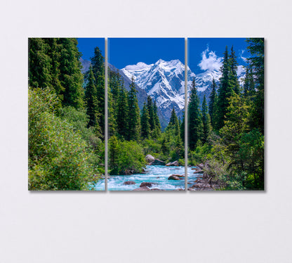 Spruce Forest near a Stormy River and Snowy Mountains Kyrgyzstan Canvas Print-Canvas Print-CetArt-3 Panels-36x24 inches-CetArt