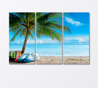 Kayak on Sunny Tropical Beach with Palm Trees Canvas Print-Canvas Print-CetArt-3 Panels-36x24 inches-CetArt