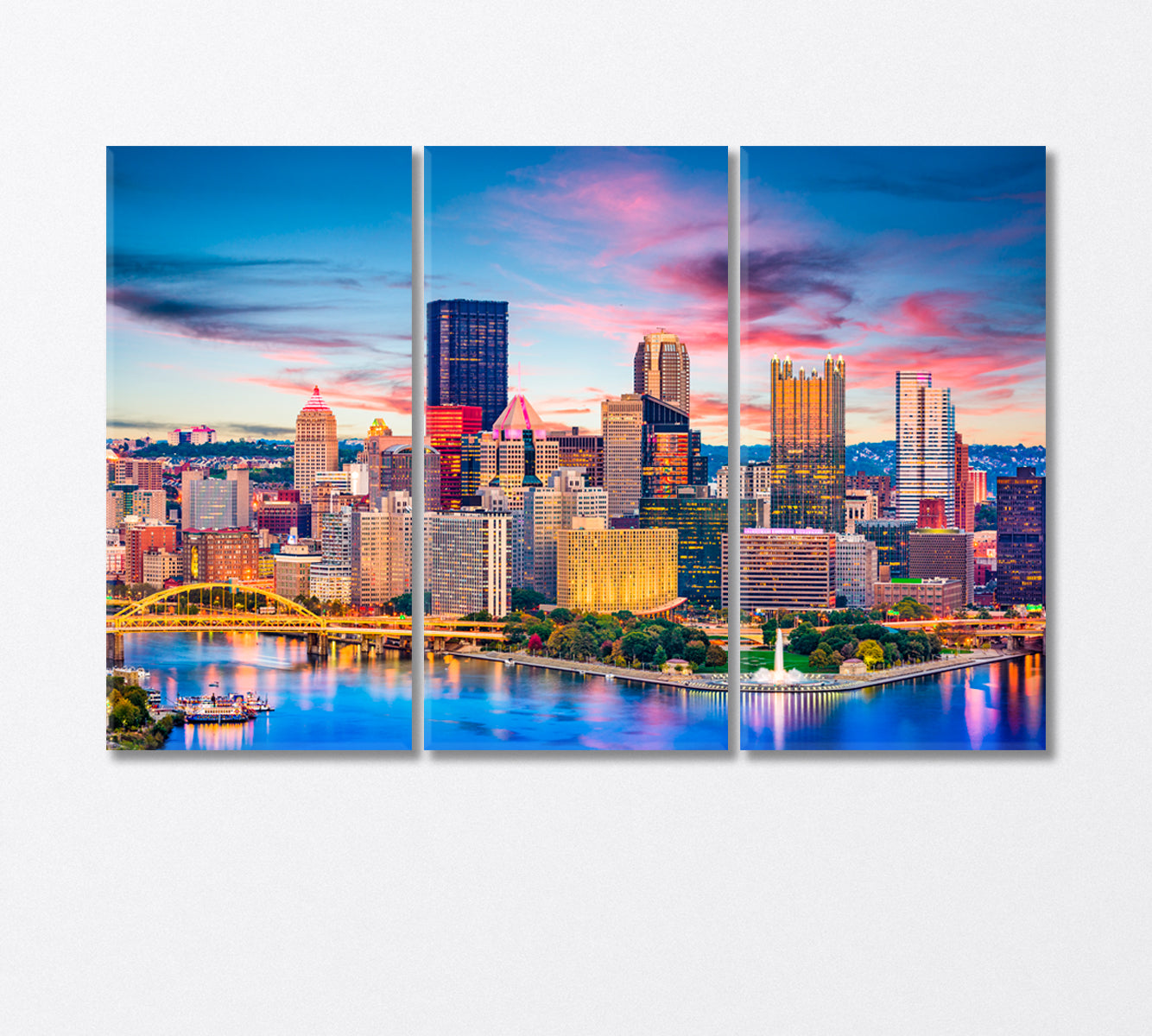 Colorful Skyscrapers of Pittsburgh at Dusk USA Canvas Print-Canvas Print-CetArt-3 Panels-36x24 inches-CetArt