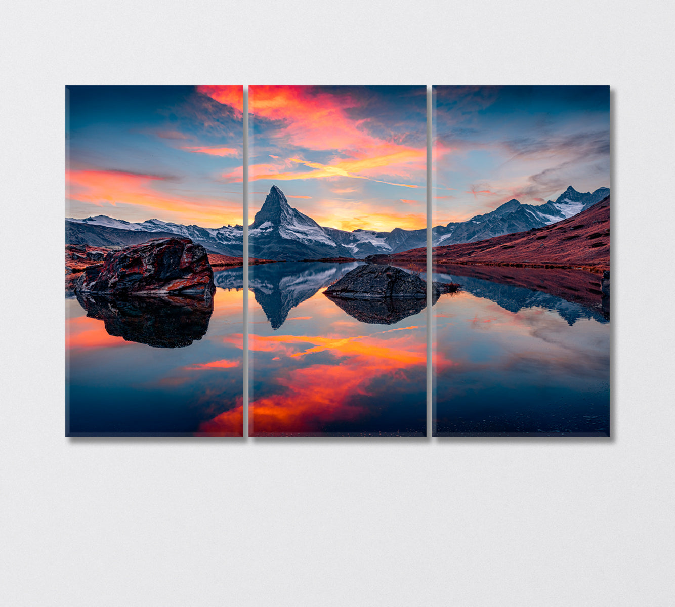 Matterhorn Mirroring in Lake Stellisee Switzerland Canvas Print-Canvas Print-CetArt-3 Panels-36x24 inches-CetArt