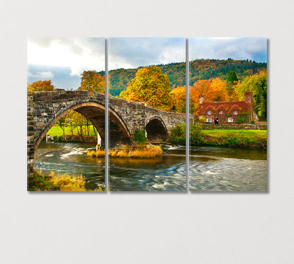 Autumn Landscape with Llanrwst Bridge UK Canvas Print-Canvas Print-CetArt-3 Panels-36x24 inches-CetArt