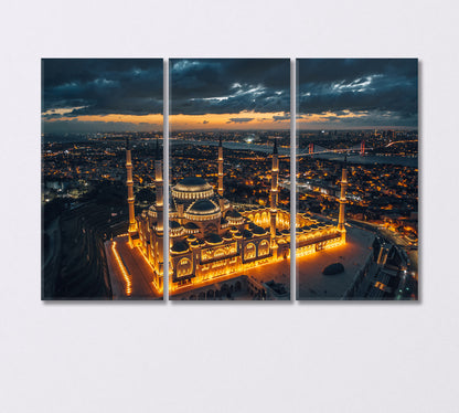 Chamilka Mosque Illuminated with Lights at Night Turkey Canvas Print-Canvas Print-CetArt-3 Panels-36x24 inches-CetArt