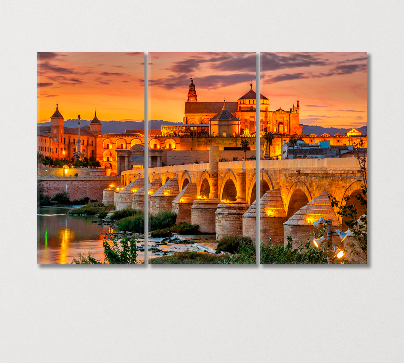 Old Cathedral Mezquita and Roman Bridge at Sunset Cordoba Spain Canvas Print-Canvas Print-CetArt-3 Panels-36x24 inches-CetArt