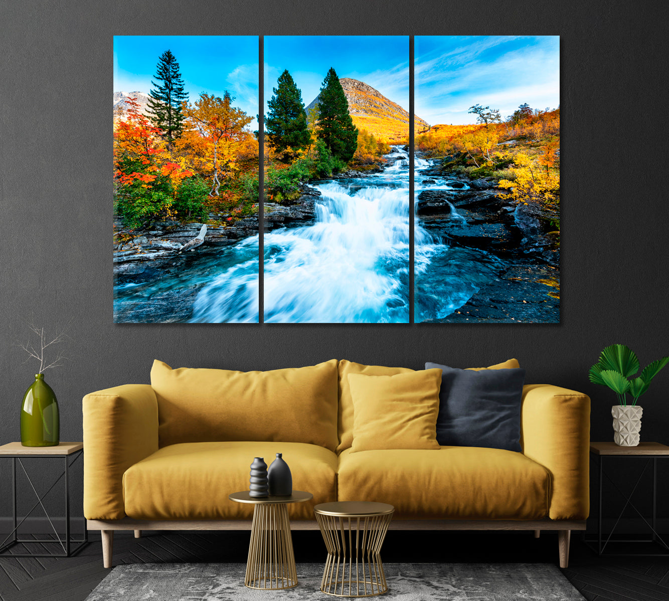 Autumn Landscape with Yellow Trees and Waterfall Canvas Print-Canvas Print-CetArt-1 Panel-24x16 inches-CetArt