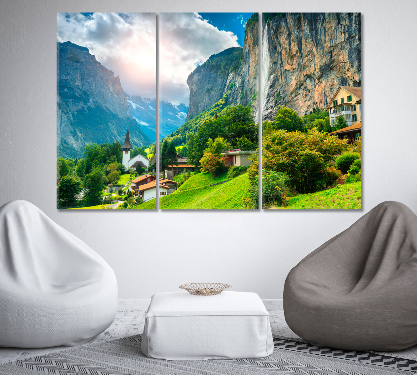 Alpine Village with Church and Staubbach Waterfall Switzerland Canvas Print-Canvas Print-CetArt-1 Panel-24x16 inches-CetArt