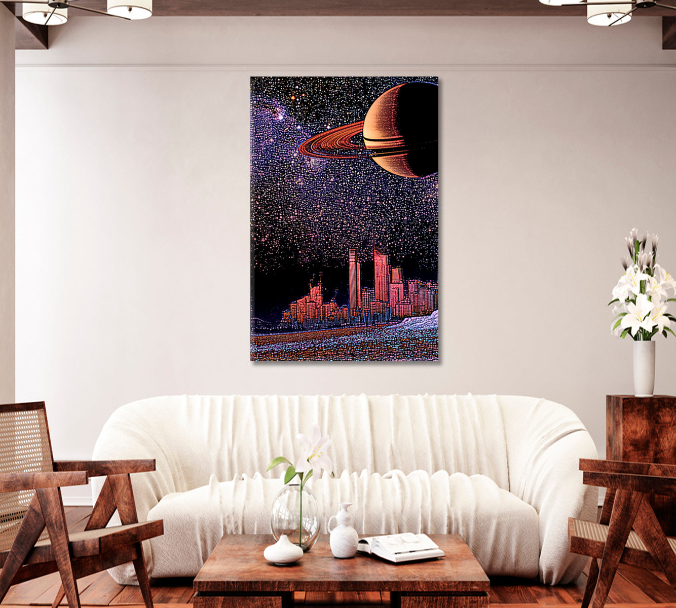 Fantastic Landscape with City Skyline and Planet Saturn Canvas Print-Canvas Print-CetArt-1 panel-16x24 inches-CetArt