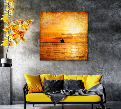 Vintage Sailboat in Ocean at Sunset Canvas Print-Canvas Print-CetArt-1 panel-12x12 inches-CetArt