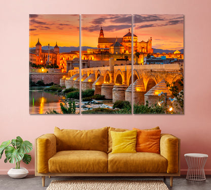 Old Cathedral Mezquita and Roman Bridge at Sunset Cordoba Spain Canvas Print-Canvas Print-CetArt-1 Panel-24x16 inches-CetArt