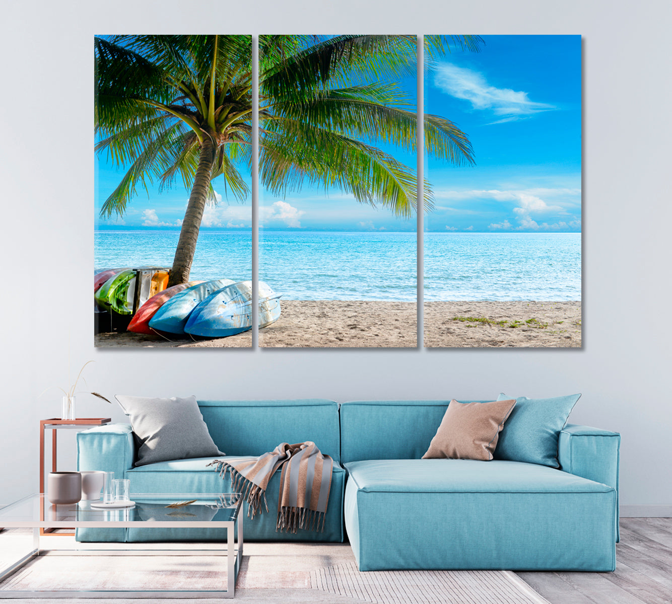 Kayak on Sunny Tropical Beach with Palm Trees Canvas Print-Canvas Print-CetArt-1 Panel-24x16 inches-CetArt