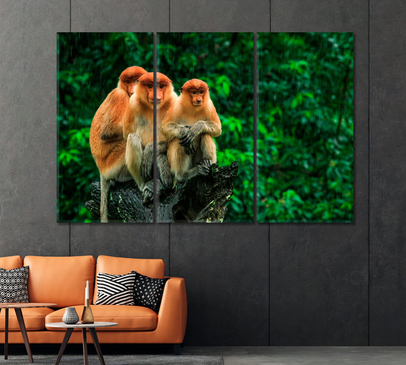 Three Monkeys Sitting on a Tree in the Rain Canvas Print-Canvas Print-CetArt-1 Panel-24x16 inches-CetArt