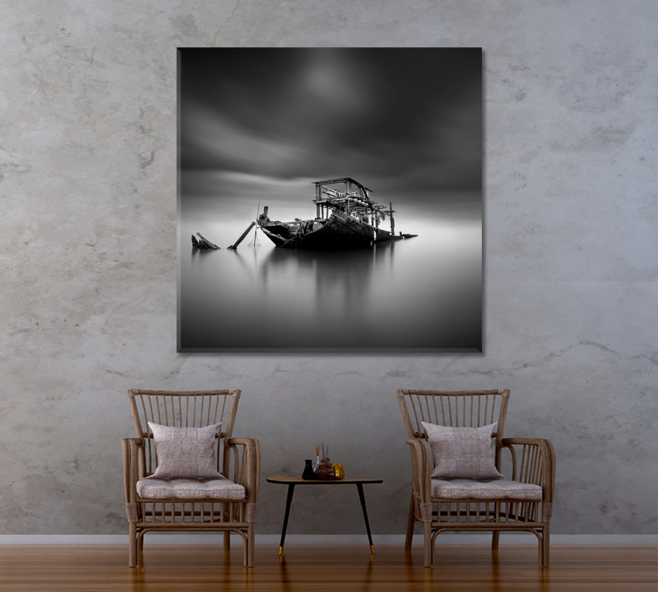 Sunken Boat at Sea in Black and White Canvas Print-Canvas Print-CetArt-1 panel-12x12 inches-CetArt