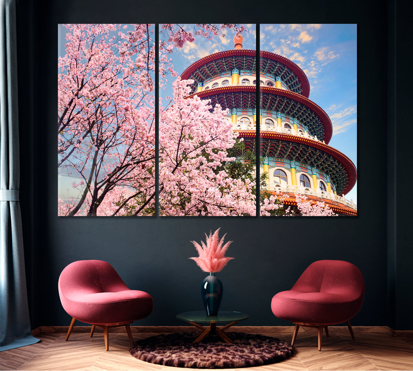 Tianyuan Temple with Sakura Blossom Taiwan Canvas Print-Canvas Print-CetArt-1 Panel-24x16 inches-CetArt