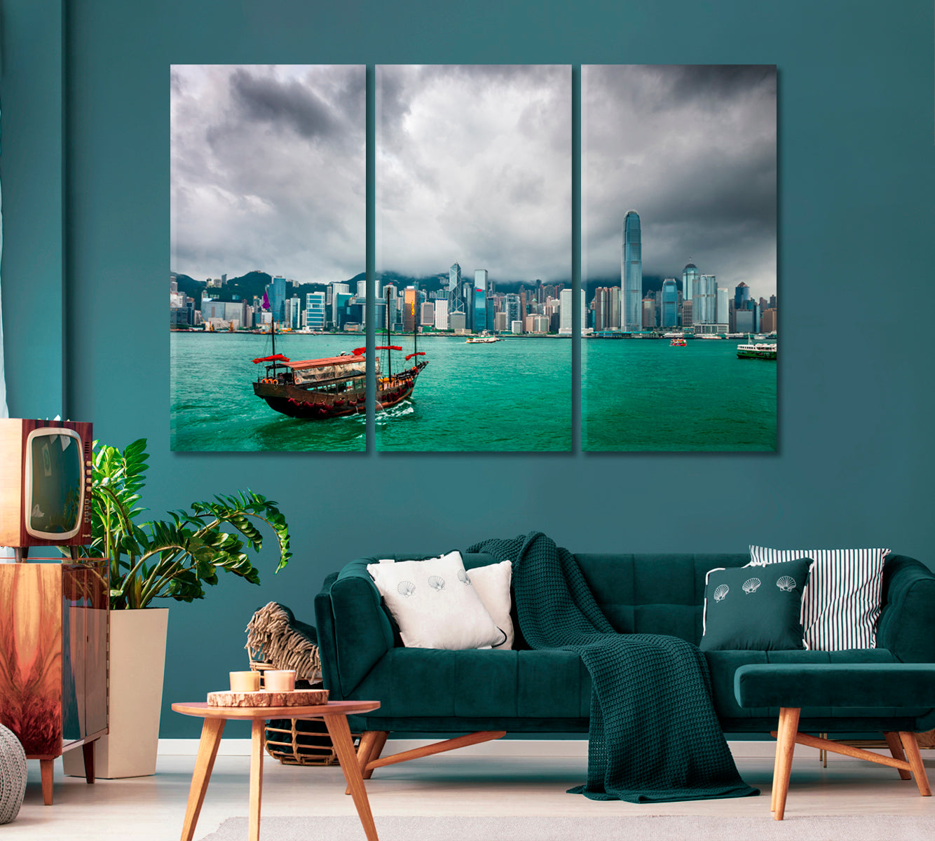 Hong Kong Cityscape with Boats in River Canvas Print-Canvas Print-CetArt-1 Panel-24x16 inches-CetArt