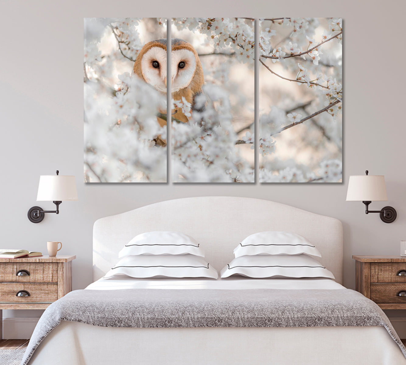 Bird Barn Owl on Blooming Cherry Canvas Print-Canvas Print-CetArt-1 Panel-24x16 inches-CetArt