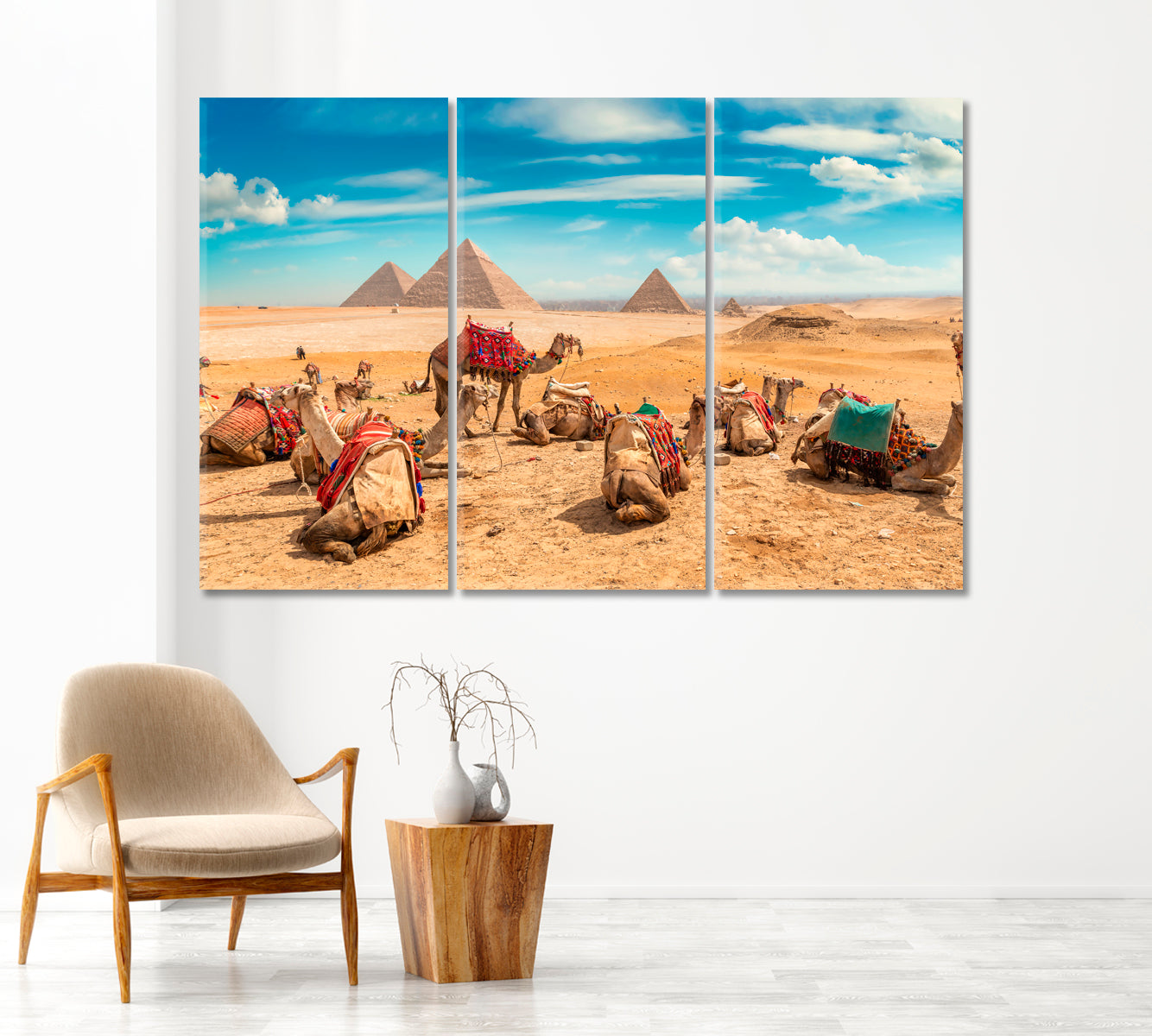 Camels in Sandy Desert near Egyptian Pyramids Canvas Print-Canvas Print-CetArt-1 Panel-24x16 inches-CetArt