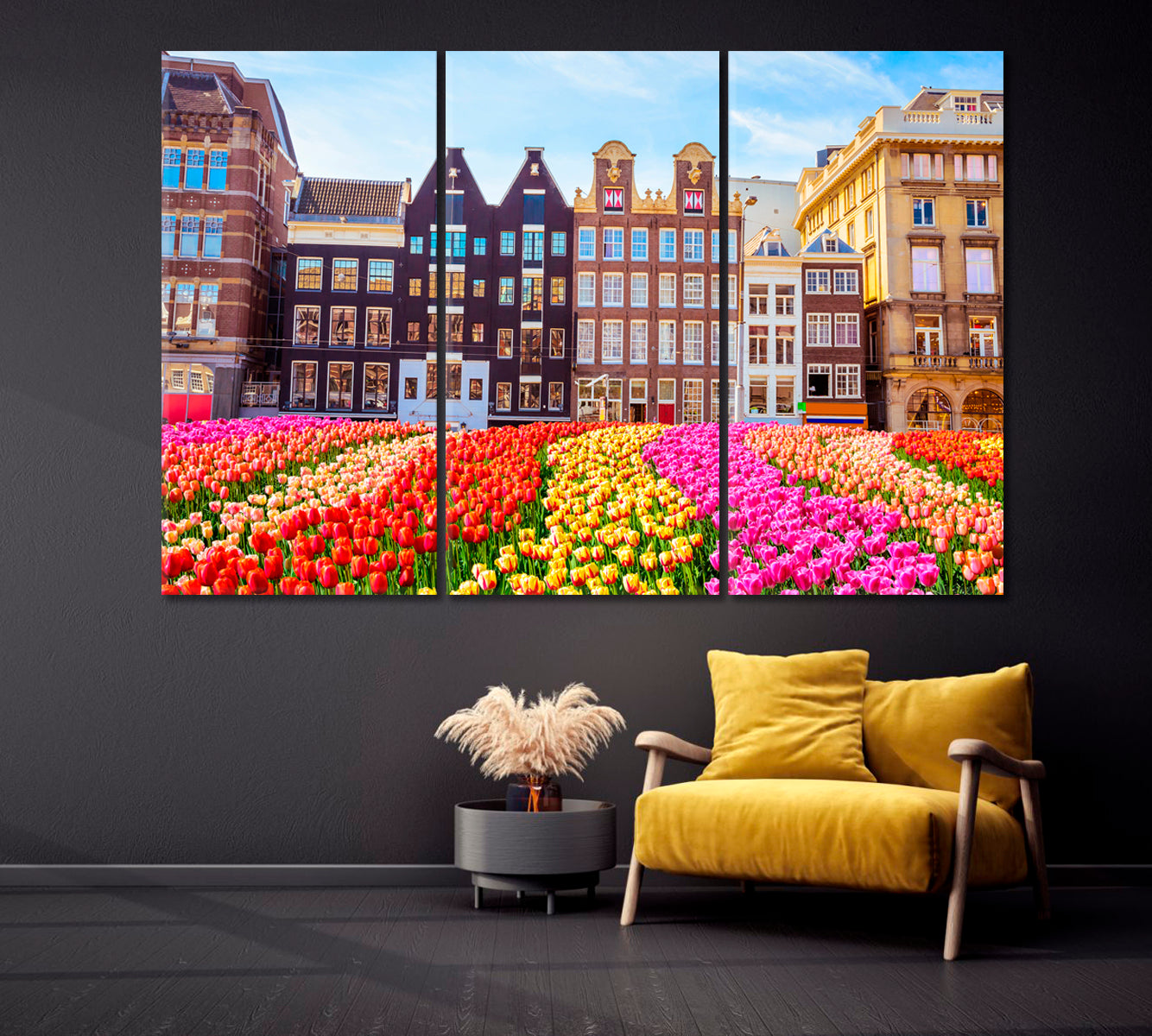 Traditional Buildings and Tulips in Amsterdam Canvas Print-Canvas Print-CetArt-1 Panel-24x16 inches-CetArt