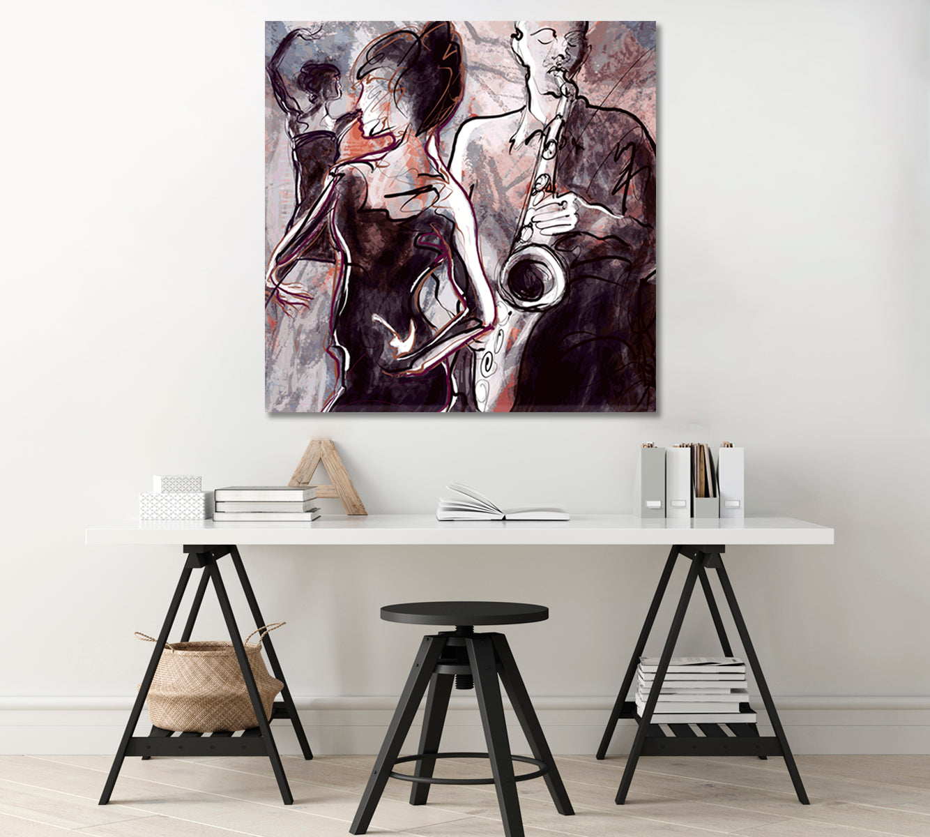 Jazz Saxophonist and Two Dancing Women Canvas Print-Canvas Print-CetArt-1 panel-12x12 inches-CetArt