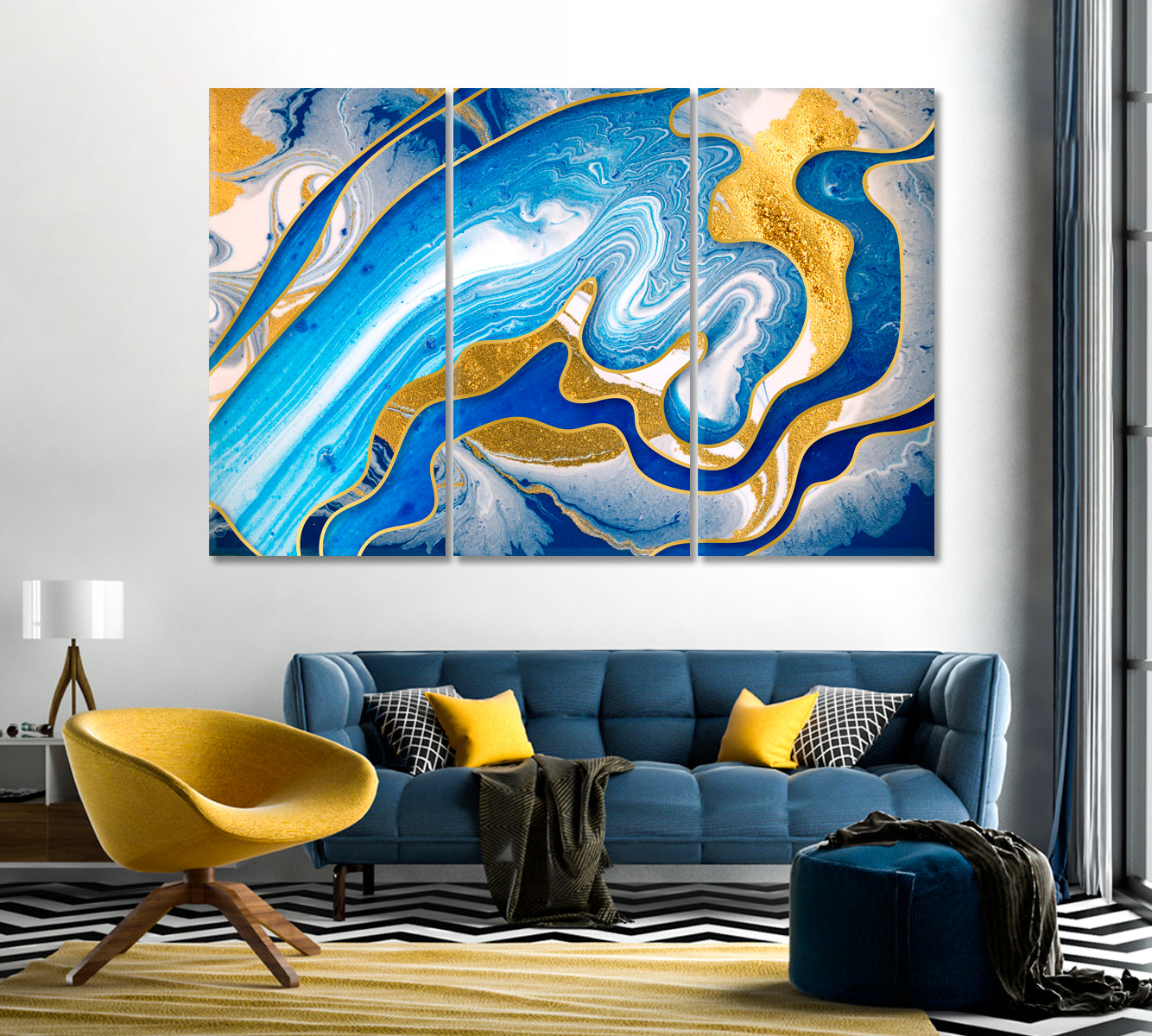 Abstract Modern Blue Yellow Waves Swirls Canvas Print-Canvas Print-CetArt-1 Panel-24x16 inches-CetArt